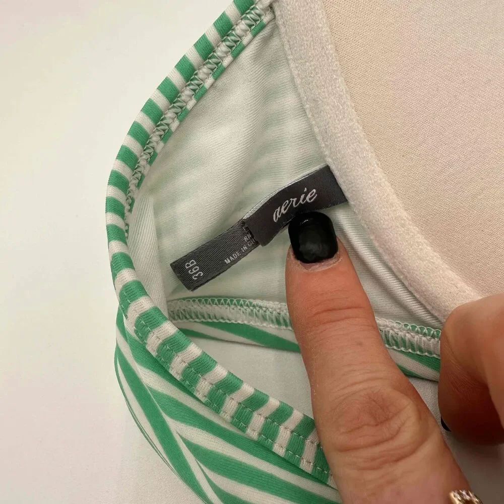 Aerie Green White Striped Brooke Halterneck Swimwear Top Size 36B